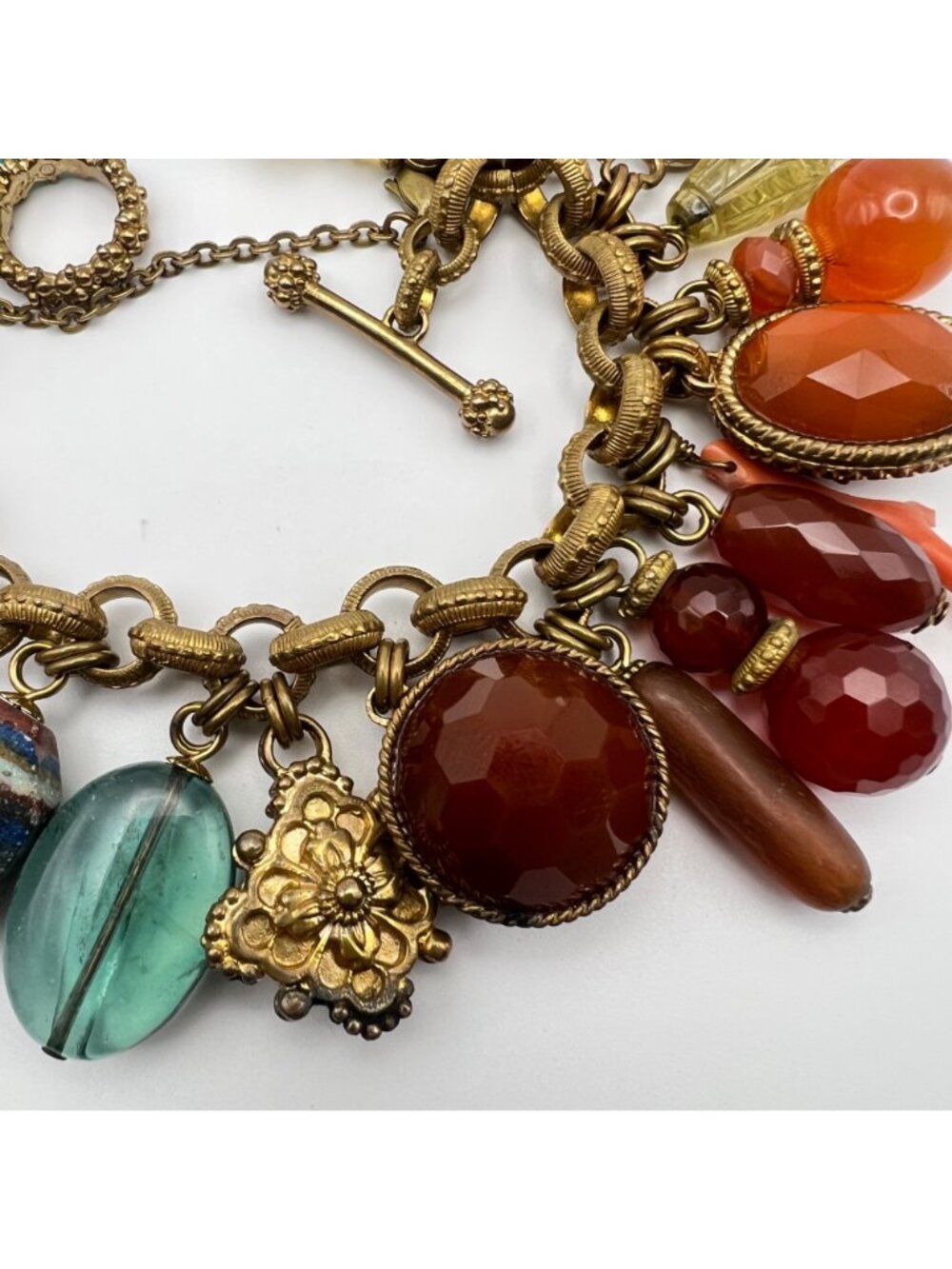 Stephen Dweck Charm Bracelet Vintage Bronze Turquoise Carnelian Gemstone - Picture 8 of 16